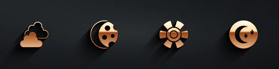 Set Cloudy weather, Eclipse of sun, Sun and Moon and stars icon with long shadow Ilustração Stock