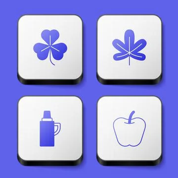 Set Clover, Chestnut leaf, Thermos container and Apple icon. White square button Illustrazione stock