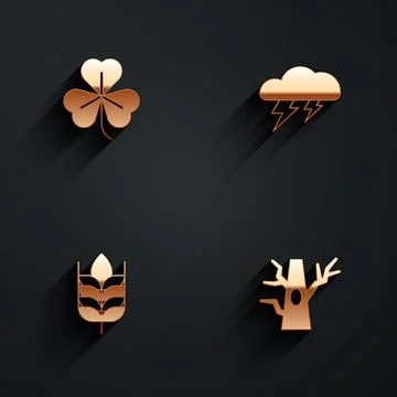 Set Clover, Cloud and lightning, Wheat and Bare tree icon with long shadow Stock Illustration