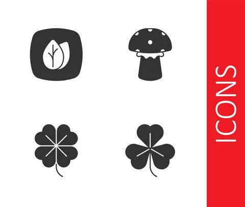 Set Clover, Leaf, Four leaf clover and Mushroom icon. Vector Stock Illustration