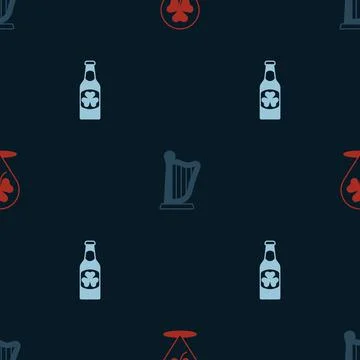 Set Clover trefoil leaf, Harp and Beer bottle with clover on seamless pattern Illustrazione stock