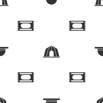 Set Clown hat, Circus tent and ticket on seamless pattern. Vector Stock Illustration