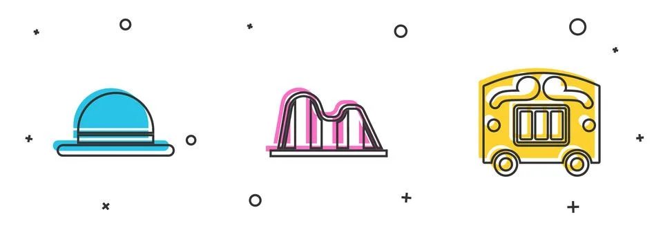 Set Clown hat, Roller coaster and Circus wagon icon. Vector Stock Illustration