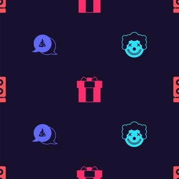 Set Clown head, Slice of pizza, Gift box and Stereo speaker on seamless pattern Stock Illustration