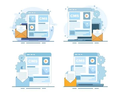 Set of CMS content management system and blogging flat vectors Stock Illustration