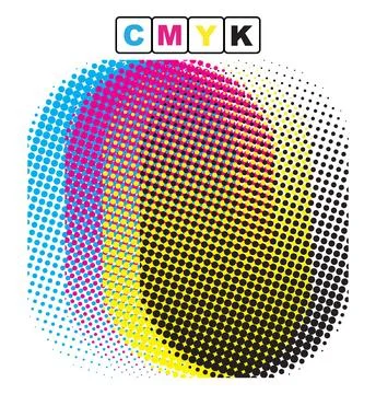 Set of cmyk colored dots on a white background, halftone dots effect Stock Illustration