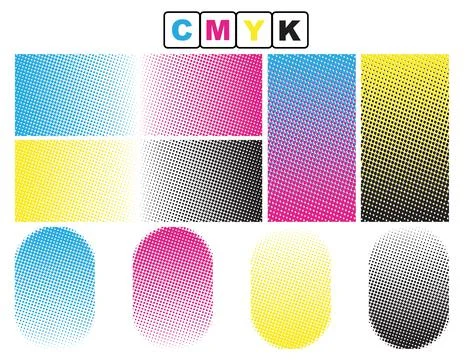 Set of cmyk colored dots on a white background, halftone dots effect Illustrazione stock