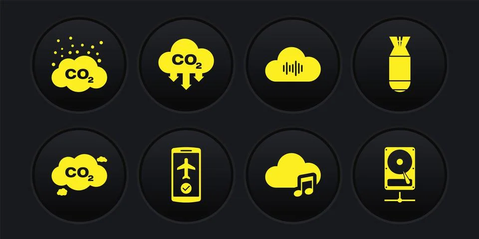 Set CO2 emissions in cloud, Aviation bomb, Flight mode the mobile, Music Stock Illustration