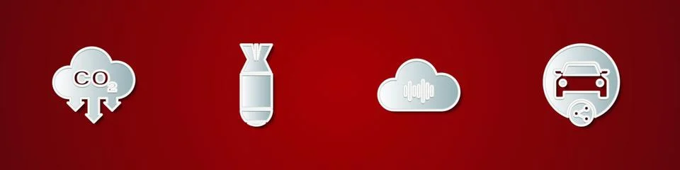 Set CO2 emissions in cloud, Aviation bomb, Music streaming service and Car sh 스톡 일러스트
