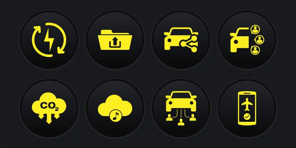Set CO2 emissions in cloud, Car sharing, Music streaming service, , and Folder Stock Illustration