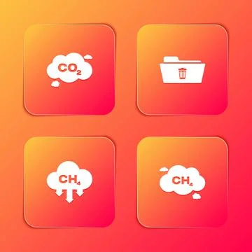 Set CO2 emissions in cloud, Delete folder, Methane reduction and icon. Vector Stock Illustration