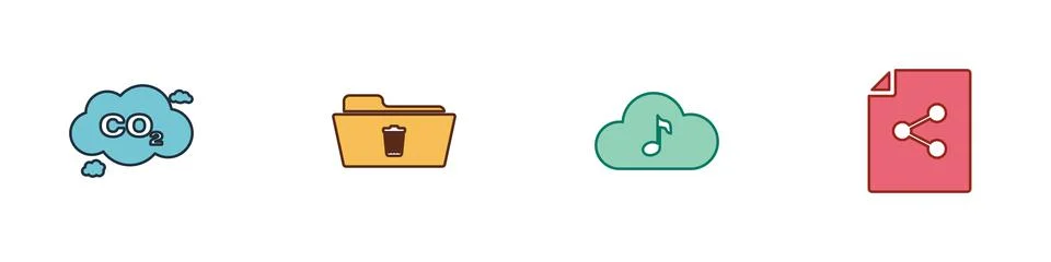 Set CO2 emissions in cloud, Delete folder, Music streaming service and Share 스톡 일러스트