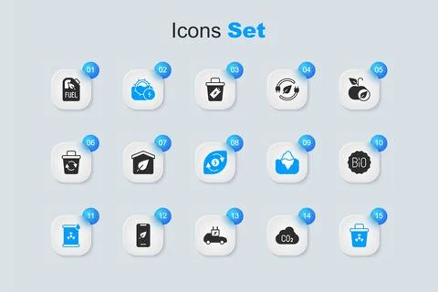 Set CO2 emissions in cloud, Eco friendly house, Water mill, Radioactive was.. Stock Illustration