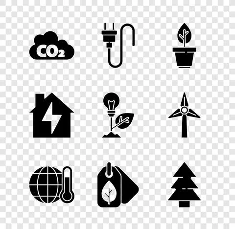 Set CO2 emissions in cloud, Electric plug, Plant pot, Global warming, Tag with Illustrazione stock