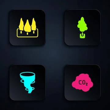 Set CO2 emissions in cloud, Forest, Tornado and Tree. Black square button Stock Illustration
