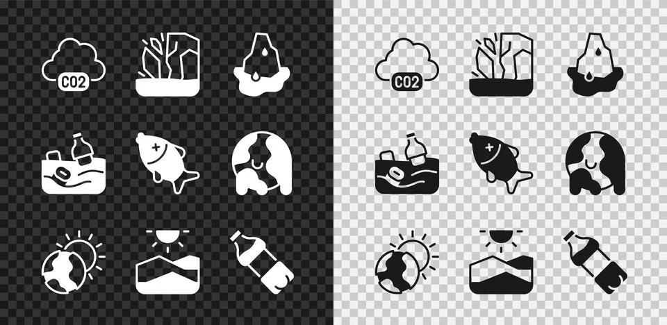 Set CO2 emissions in cloud, Glacier melting, Global warming, Drought, Bottle of Illustrazione stock