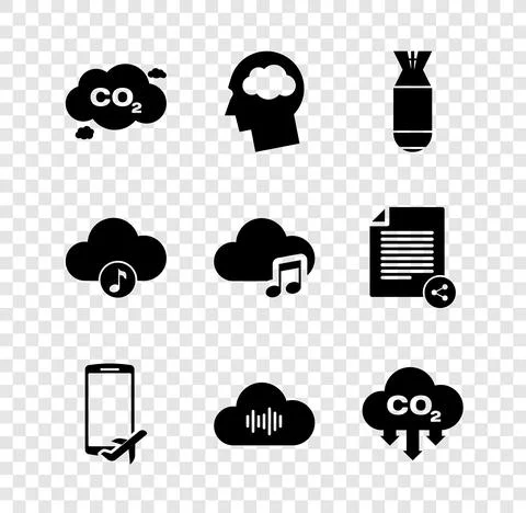 Set CO2 emissions in cloud, Head silhouette with, Aviation bomb, Flight mode the 库存插图