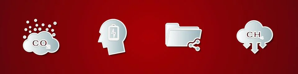 Set CO2 emissions in cloud, Head with low battery, Share folder and Methane イラスト素材