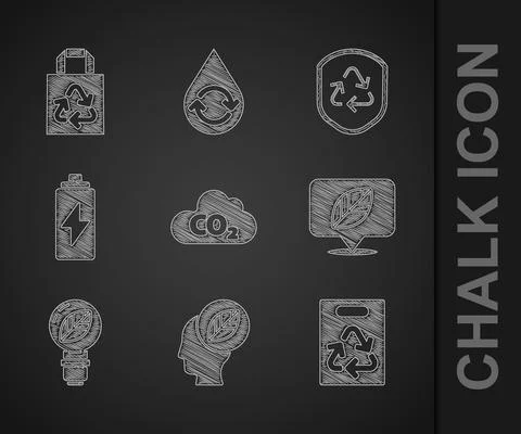 Set CO2 emissions in cloud, Human head with leaf inside, Paper bag recycle Illustrazione stock