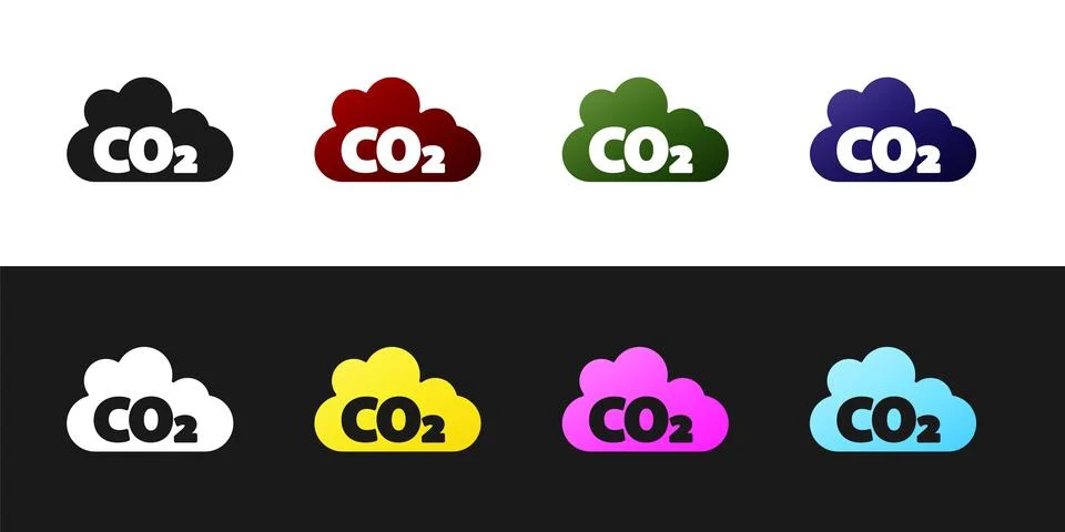 Set CO2 emissions in cloud icon isolated on black and white background. Carbo イラスト素材