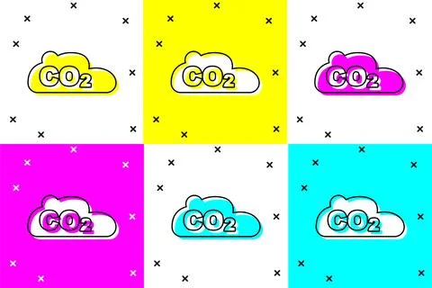 Set CO2 emissions in cloud icon isolated on color background. Carbon dioxid.. Stock Illustration