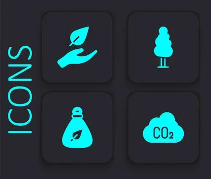 Set CO2 emissions in cloud, Leaf hand, Tree and Garbage bag icon. Black squar Stock Illustration