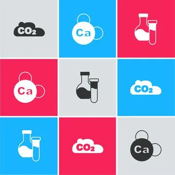 Set CO2 emissions in cloud, Mineral Ca Calcium and Test tube icon. Vector Illustrazione stock