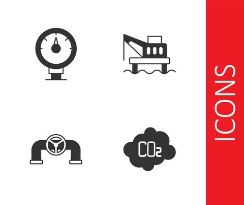 Set CO2 emissions in cloud, Motor gas gauge, Oil pipe with valve and platform Stock Illustration