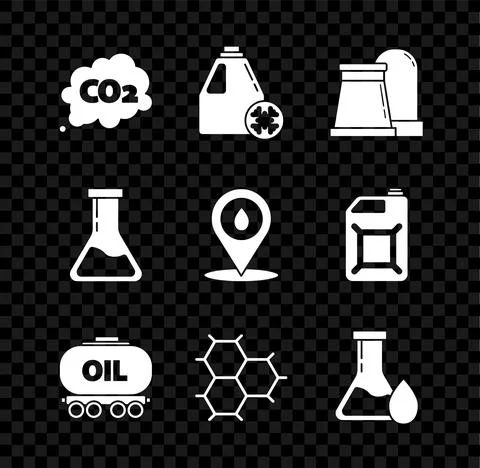 Set CO2 emissions in cloud, Oil and gas industrial factory building, railway Ilustración de archivo