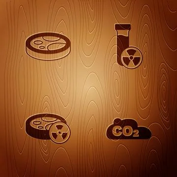 Set CO2 emissions in cloud, Petri dish with bacteria, Test tube toxic liquid and Stock Illustration