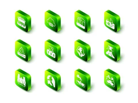 Set CO2 emissions in cloud, Problem pollution of the ocean, Volcano eruption Stock Illustration