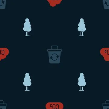 Set CO2 emissions in cloud, Recycle bin and Tree on seamless pattern. Vector Illustrazione stock