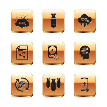 Set CO2 emissions in cloud, Refund money, Aviation bombs, Hard disk drive w.. Stock Illustration