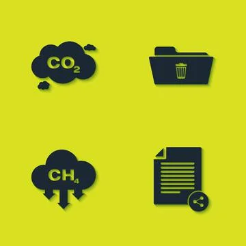 Set CO2 emissions in cloud, Share file, Methane reduction and Delete folder icon 스톡 일러스트