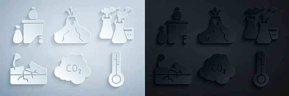 Set CO2 emissions in cloud, Smoke from factory, Earthquake, Meteorology Ilustración de archivo