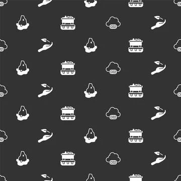 Set CO2 emissions in cloud, Sprout hand, Glacier melting and Coal train wagon on Illustrazione stock