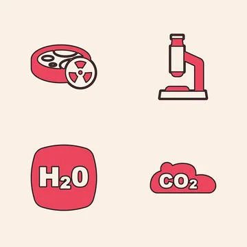 Set CO2 emissions in cloud, Test tube with toxic liquid, Microscope and Chemical Stock Illustration