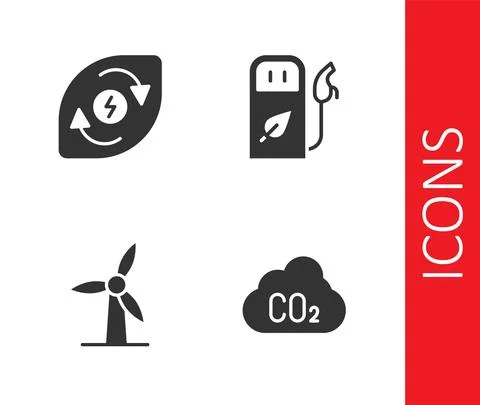 Set CO2 emissions in cloud, Water energy, Wind turbine and Petrol or gas station Stock Illustration