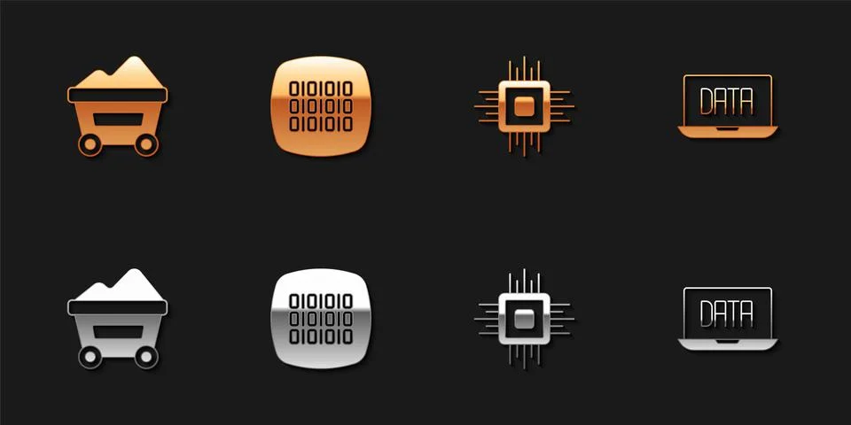 Set Coal mine trolley, Binary code, Processor CPU and Data analysis icon. Vector Illustrazione stock