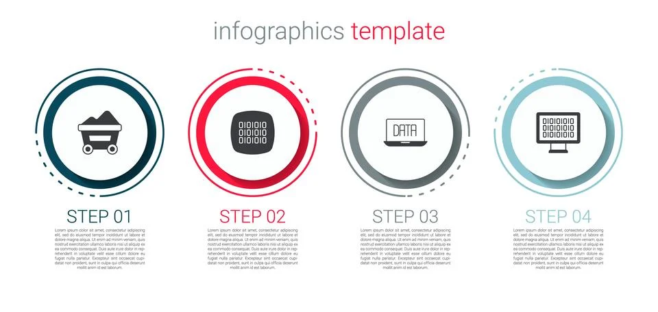 Set Coal mine trolley, Binary code, Data analysis and . Business infographic Stock Illustration