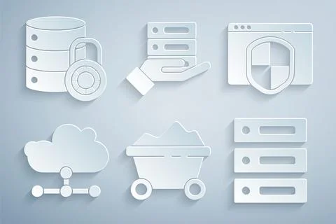 Set Coal mine trolley, Browser with shield, Network cloud connection, Server イラスト素材