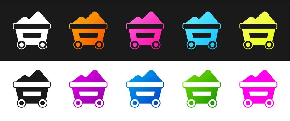 Set Coal mine trolley icon isolated on black and white background. Factory .. Stock Illustration