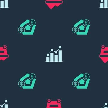 Set Coal mine trolley, Pie chart infographic and Financial growth on seamless Stock Illustration