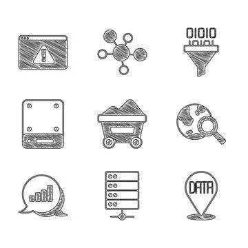Set Coal mine trolley, Server, Data analysis, Search globe, Pie chart Stockillustratie