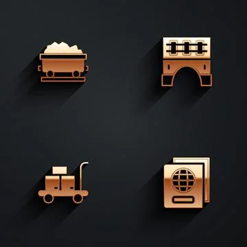 Set Coal train wagon, Bridge for, Trolley suitcase and Passport icon with long Illustration