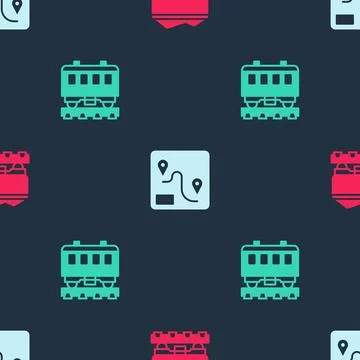 Set Coal train wagon, Route location and Passenger cars on seamless pattern Stock Illustration