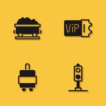 Set Coal train wagon, Train traffic light, Suitcase and ticket icon with long Stock Illustration