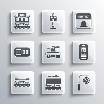 Set Coal train wagon, Train station clock, E-ticket, Draisine or handcar, Cargo Stock Illustration