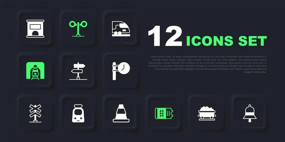 Set Coal train wagon, Train station bell, Road traffic sign, ticket, railwa.. Stock Illustration