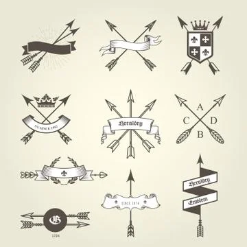 Set of coat of arms with bow arrows - emblems and blazons, heraldic seals Stock Illustration